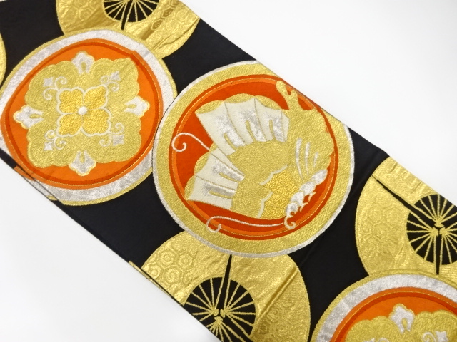 アンティーク　蝶に華紋・三ツ扇模様織出し袋帯（着用可）